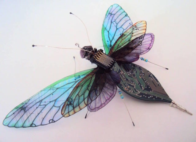 Winged insect sculpture made from recycled electronics. Author: Julie Alice Chappell