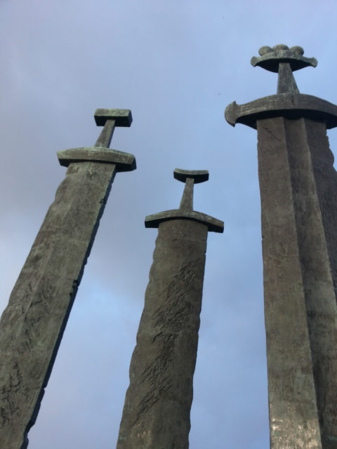 Three large swords stand on the hill as a memory to the Battle of Hafrsfjord in year 872, when King Harald Fairhair gathered all of Norway under one crown.