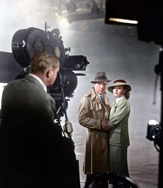 Humphrey Bogart and Ingrid Bergman shooting the iconic finale of ‘Casablanca’ (1942)(Color by Ben)