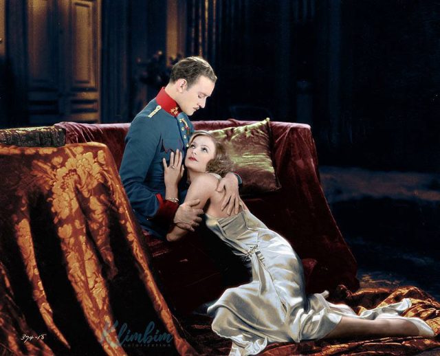 Greta Garbo and Conrad Nagel in ‘The Mysterious Lady’ (1928) a Metro-Goldwyn-Mayer silent film.(Color by Klimbin)