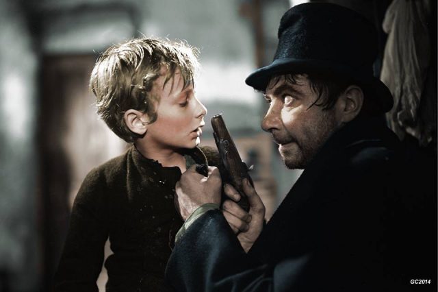 John Howard Davies as Oliver and Robert Newton as Bill Sykes in ‘Oliver Twist’ (1948) – Directed by David Lean(Colour by George Chilvers)