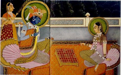 Krishna and Radha playing chaturanga on an 8×8 ashtāpada