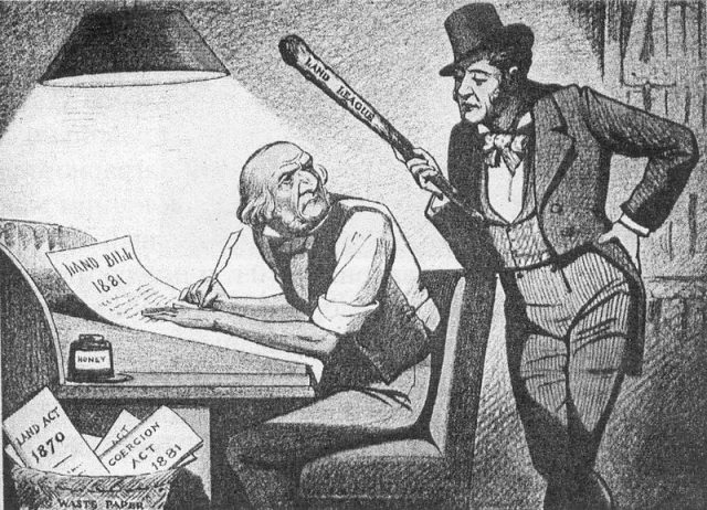 William Gladstone under pressure of Land League. Caricature circa 1880s.