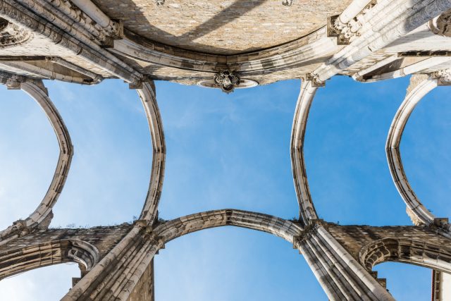 Lisbon, Portugal – 12. October 2015. Interiors of the roofless Carmo Convent in Lisbon, ruined by the earthquake