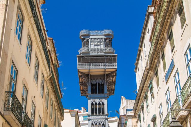 Famous Santa Justa elevator in the Baixa District in Lisbon, Portugal, 19th century project by Raul Mesnier de Ponsard