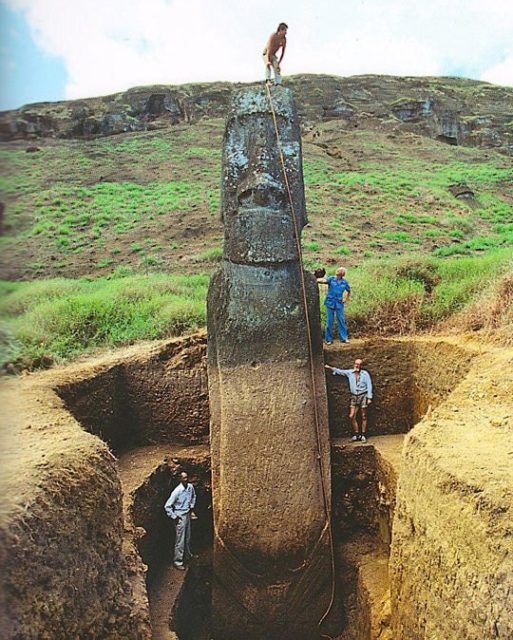 Complex carvings found on the buried statues’ bodies, have been protected from weathering by their burial. Photo Credit – Easter Island Statue Project.