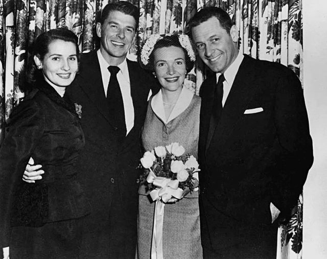 Wedding of Ronald and Nancy Reagan, 1952. Matron of honor Brenda Marshall and best man William Holden were the sole guests