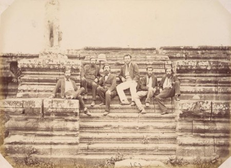 Group portrait of Doudart de Lagrée and other members of the “Commission d’ exploration du Mékong,” Angkor Wat, Siam (now in Cambodia), 1866. Photography work by Emile Gsell.