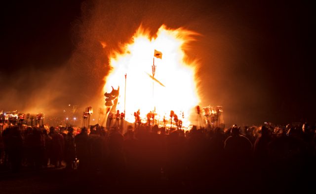 The burning Up Helly Aa galley ship, the burning of the galley is the culmination of the largest European fire festival held in the Shetland Isles, North of Scotland, UK.