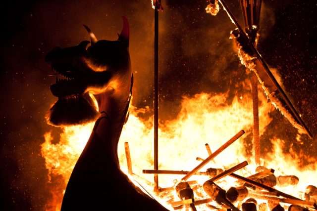 The burning Up Helly Aa galley ship, the burning of the galley is the culmination of the largest European fire festival held in the Shetland Isles, North of Scotland, UK.