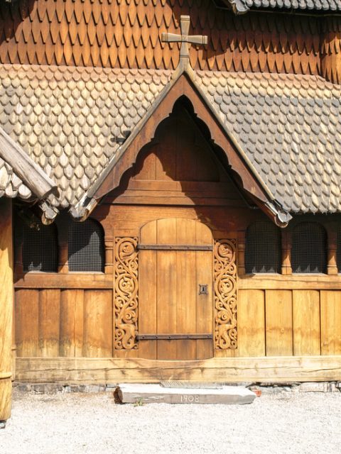 Entrance to the Heddal Stave Church near Notodden in Norway
