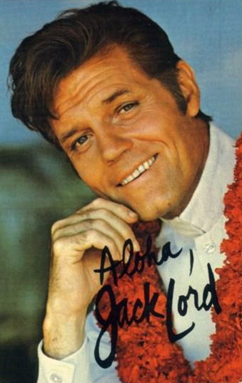 Facsimile signed postcard photo of actor Jack Lord. The cards were sent in response to fan letters received.Actor Jack Lord – eBay item card front card back