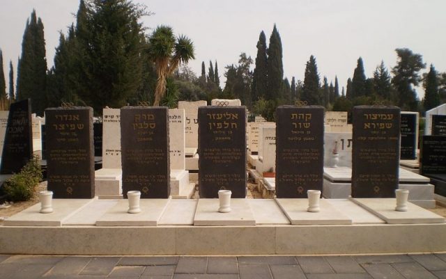 Graves of five victims of the Munich massacre at the Kiryat Shaul Cemetery, Tel Aviv, Israel. From left to right: André Spitzer, Mark Slavin, Eliezer Halfin, Kehat Shorr and Amitzur Schapira. Author: דוד שי CC BY-SA 3.0