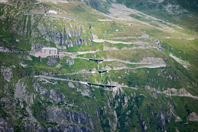 The historical road over Furka Pass was built in 1867. Belvedere Hotel can be seen in the top left part of the image.