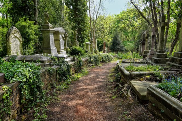 Highgate, London, United Kingdom – March 12, 2016: Graves in the East cemetery of Highgate Cemetery
