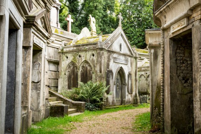 Highgate Cemetery, Highgate, London. There are approximately 170,000 people buried in around 53,000 graves in Highgate Cemetery, notable for many of the people buried there inc. Karl Marx. There is an east and a west cemetery and they were opened in 1839.