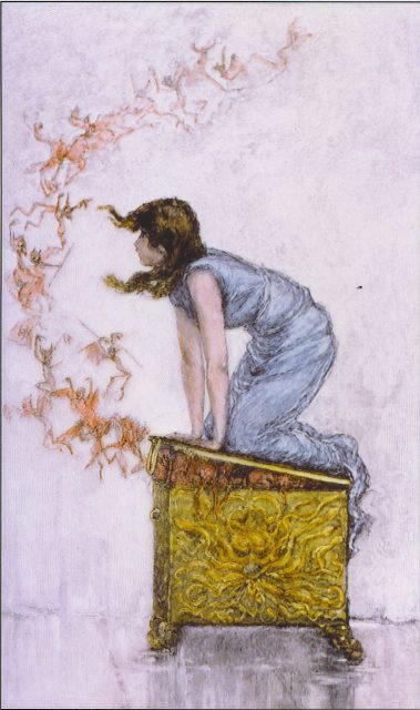 Pandora trying to close the box while the evils of the world taunt her as they escape, based on a painting by F. S. Church.