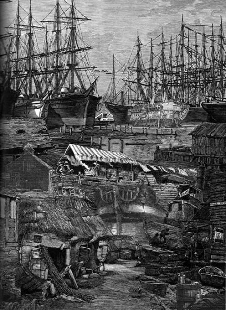 Ddepicting ships piled into Yerba Buena cove by Satty, from “Visions of Frisco” edited by Walter Medeiros, Regent Press 2007
