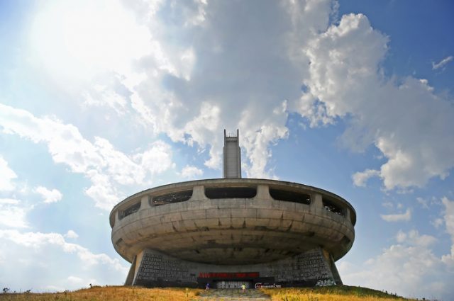 Mount Buzludzha, Bulgaria – August 14, 2015: Exterior shot with Buzludzha communist monument who once served as the House of the Bulgarian Communist Party on August 14 in Bulgaria.