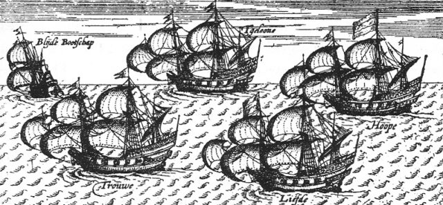 From left to right: “Blijde Bootschap”, “Trouwe”, “‘T Gelooue”, “Liefde” and “Hoope”. 17th-century engraving.