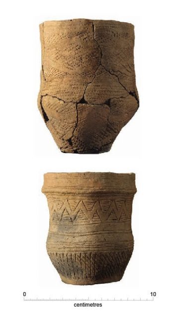 The two fineware beakers excavated from the Trumpington Meadows double beaker burial. This bell-shaped pottery style spread across western and central Europe 4,700-4,400 years ago. Image credit: Dave Webb, Cambridge Archaeological Unit
