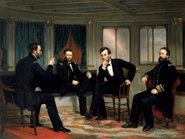 Grant (center left) next to Lincoln with General Sherman (far left) and Admiral Porter (right) — The Peacemakers