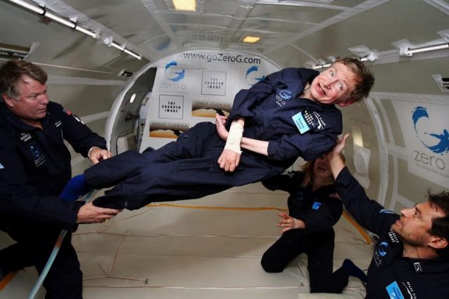 Hawking taking a zero-gravity flight in a reduced-gravity aircraft, 2007.