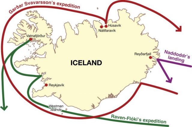 A map indicating the travels of the first Scandinavians in Iceland during the 9th century