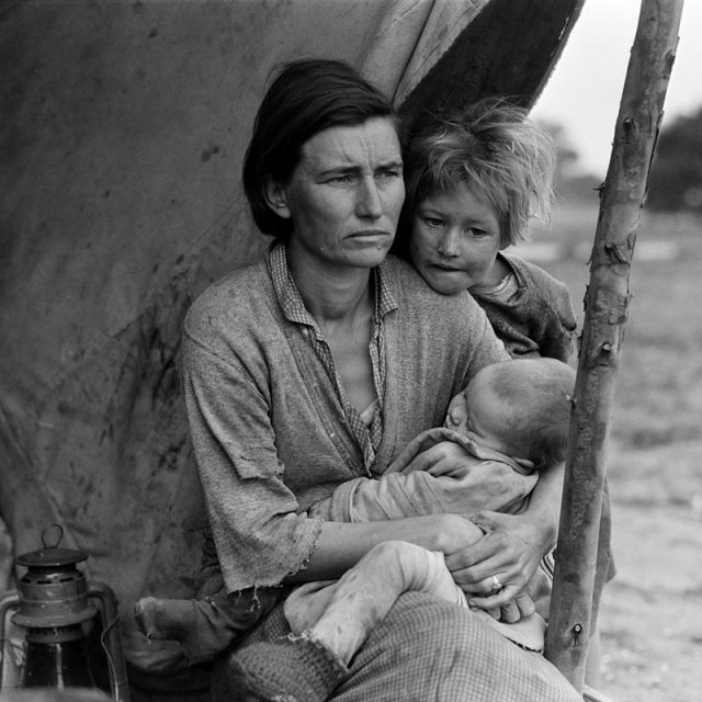 Photograph shows Florence [Owens] Thompson with two of her children as part of the “Migrant Mother” series.