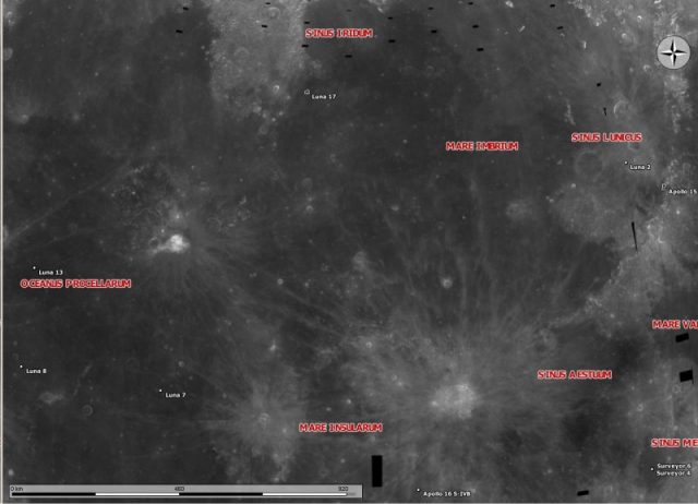 Luna 2 site is near the right of the image, close to the Apollo 15 landing site. Photo Oaktree b C BY-SA 3.