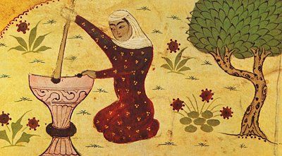 Depiction of Rabi’a grinding grain from a Persian dictionary