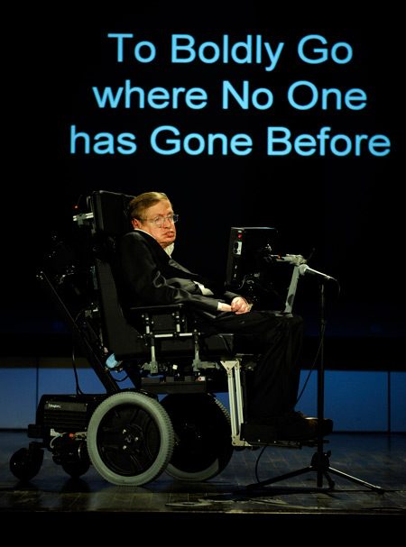 Stephen Hawking giving a lecture for NASA’s 50th anniversary