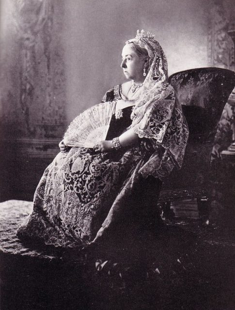 Victoria wearing her wedding veil and lace for her Diamond Jubilee Portrait, 1897 Photo:Northampton Museum – Queen Victoria’s Wedding Shoes Uploaded by LongLiveRockCC BY 2.0