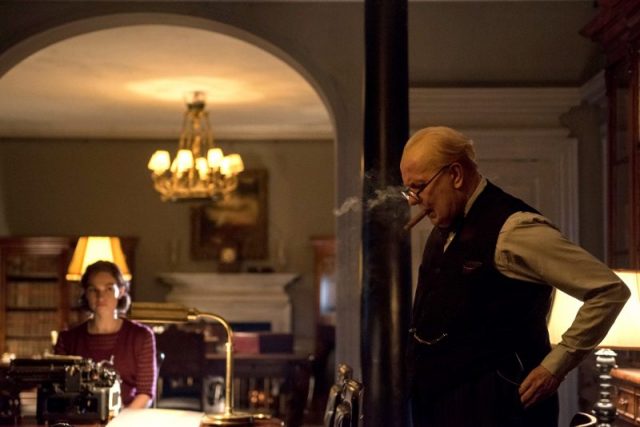 Lily James stars as Elizabeth Layton and Gary Oldman as Winston Churchill in director Joe Wright’s DARKEST HOUR, a Focus Features release.Credit: Jack English / Focus Features