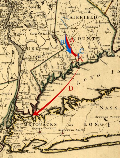 A 1780 map modified to show movements after the Ridgefield battle:A: British movement to the coastB: American movements to pursue and harass the BritishC: Arnold’s position attempting to block the British return to the beachD: British return to New York