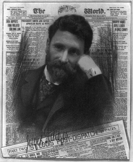 A chromolithograph of Pulitzer superimposed on a composite of his newspapers.