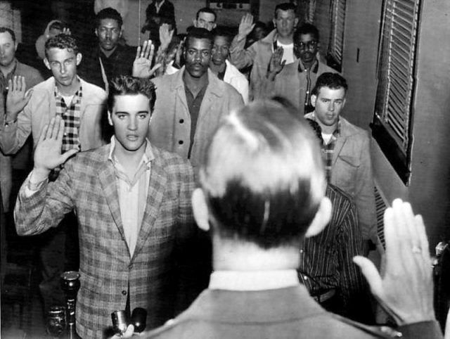 Presley being sworn into the U.S. Army at Fort Chaffee, Arkansas, March 24, 1958