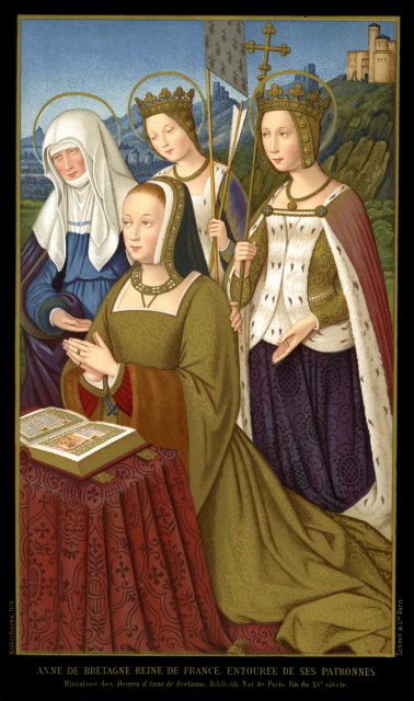 Vintage lithograph from an original miniature of Anne of Brittany, Queen of France, surrounded by her patron saints.