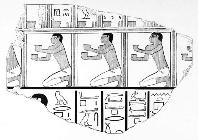 Drawing of a relief and inscriptions from the tomb of the nomarch Djehutynakht in Deir el-Bersha. 12th dynasty, Middle Kingdom.