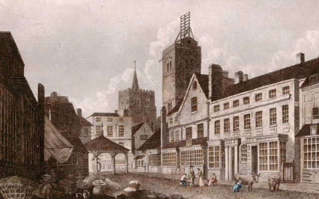 St. Albans High Street in 1807, showing the shutter telegraph on top of the city’s Clock Tower