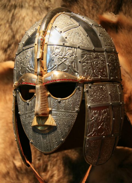 Replica of a decorated gold and silver Saxon helmet found at the Sutton Hoo archaeological site in East Anglia