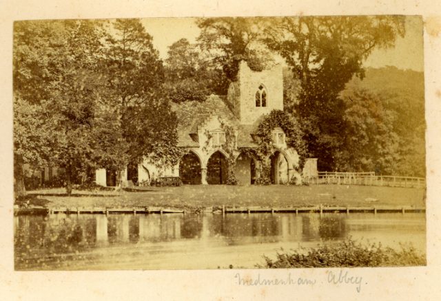 “Vintage photograph taken circa 1870 of Medmenham Abbey. A Cistercian abbey was founded in Medmenham in the 12th century, under the ownership of Woburn Abbey, though it was not officially recognised by royal charter until 1200.