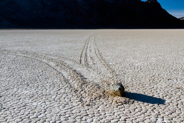 A rock which has changed direction several times at the racetrack playa in Death Valley National Park.