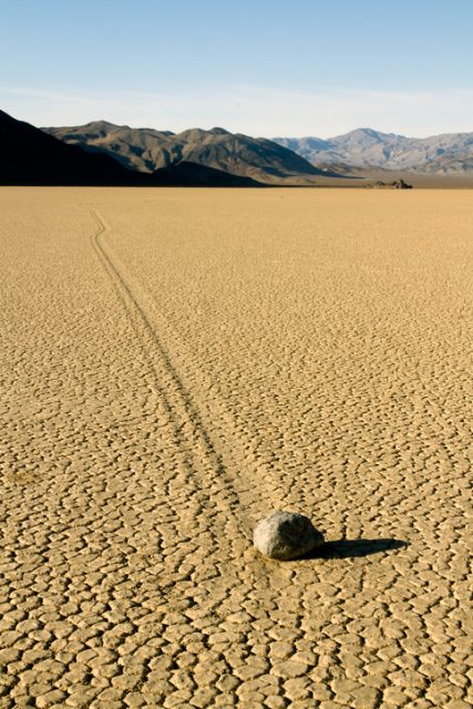 Mysterious movement of rocks as they glide over the desert floor at the racetrack playa in Death Valley National Park.