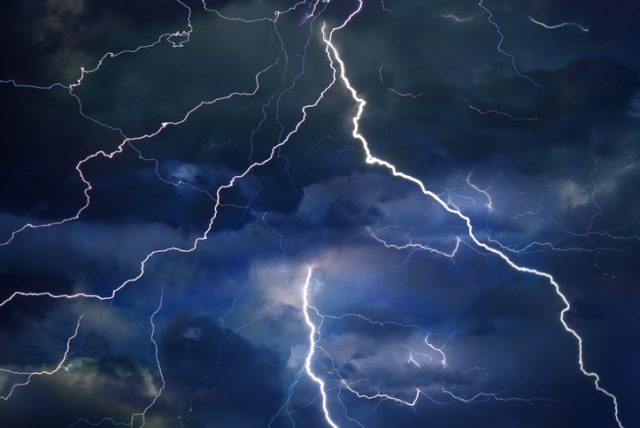 Thunder, lightning, and rain on a stormy summer night.