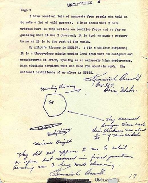 Kenneth Arnold’s report to Army Air Forces (AAF) intelligence, dated July 12, 1947, which includes annotated sketches of the typical craft in the chain of nine objects.