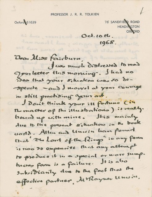 The first page of Tolkien’s second letter to Mary Fairburn, Photo credit: RR Auction