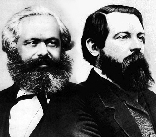A montage of pictures of Karl Marx and Friedrich Engels.
