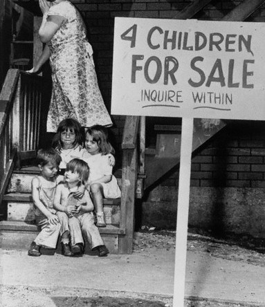 A mother looks away, ashamed at the fact that she must sell her children for money in 1948.