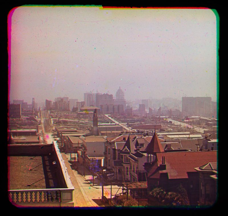 •6437.043 G.H. Holt, Sutter St. Looking East from Top of Majestic Hall, Oct. 1906, kromogram of rooftop-view of earthquake-damaged San Francisco. Photographic History Collection